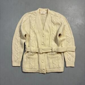 Vintage 1960s Cable-Knit Belted Wool Cardigan in Ivory